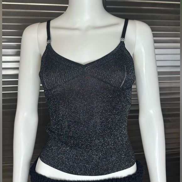 Chanel 22B Shimmering Black Tank Crop Camisole Top 40 - Picture 1 of 16